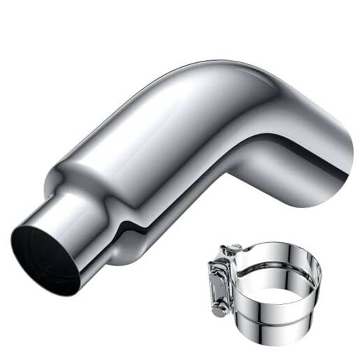 Chrome exhaust elbow with clamp, 4–6 inch inlet-to-outlet bend, silver metal
