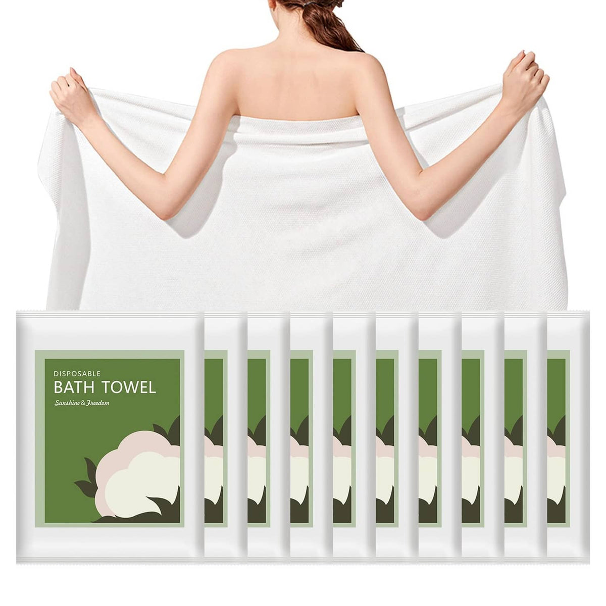 Disposable white bath towels draped over shoulders, soft fabric, ready to use