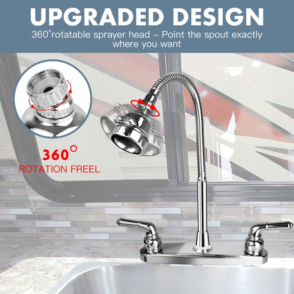 Chrome RV kitchen sink faucet with tall swivel arched spout and flex sprayer