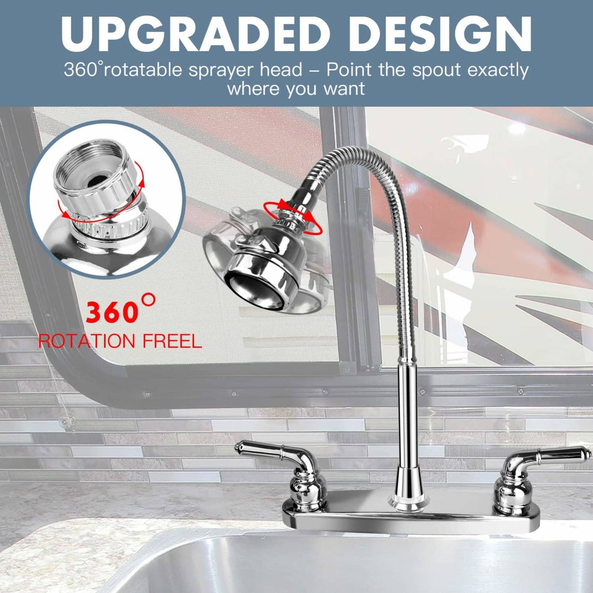 Chrome RV kitchen sink faucet with tall swivel arched spout and flex sprayer
