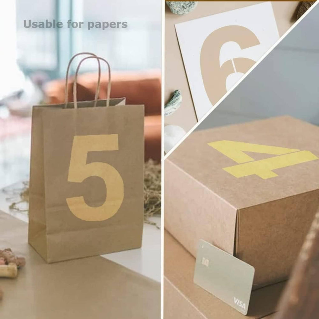 Reusable number stencils creating large digits 5 on kraft paper bags and boxes