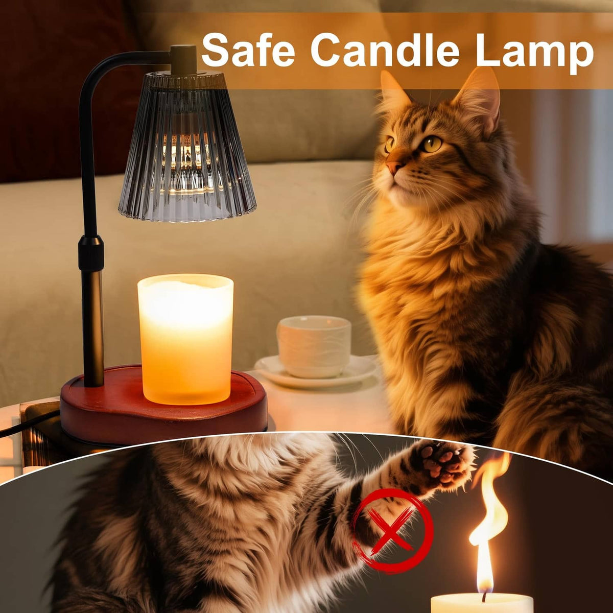 Black candle warmer lamp with glass shade, warming a lit candle on a round base.
