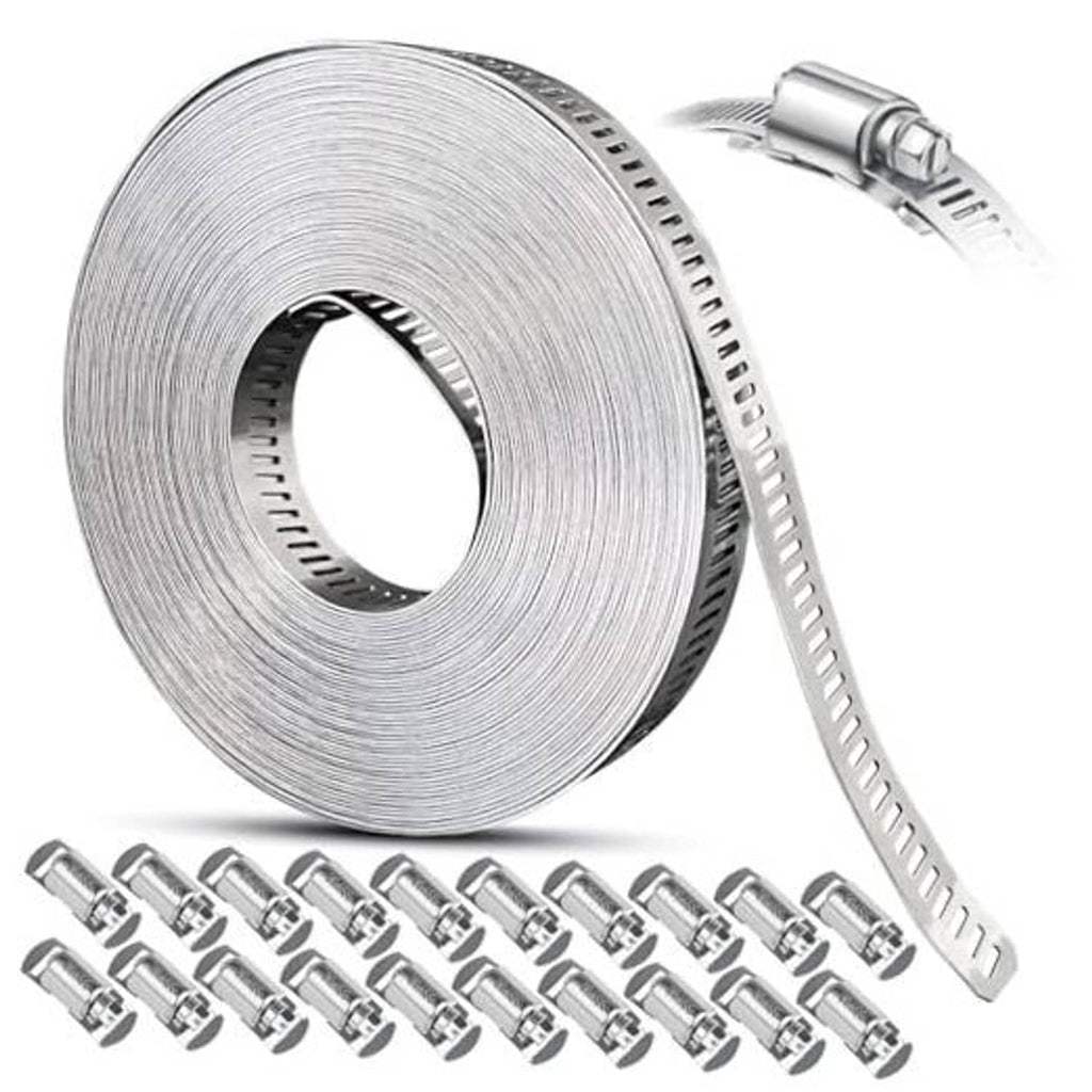 Roll of large stainless steel worm gear hose clamp straps with metal fasteners