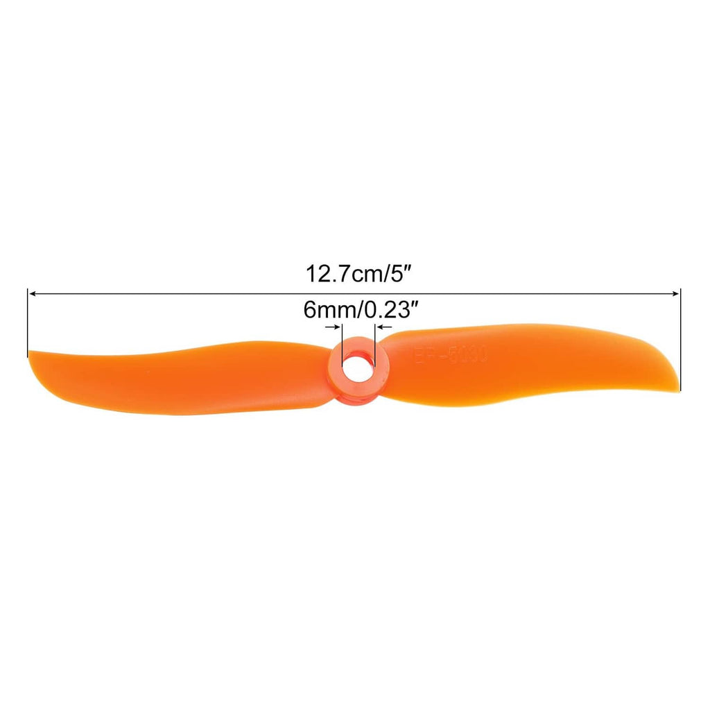 Orange two-blade propeller with center hole, 12.7cm length and 6mm hub size