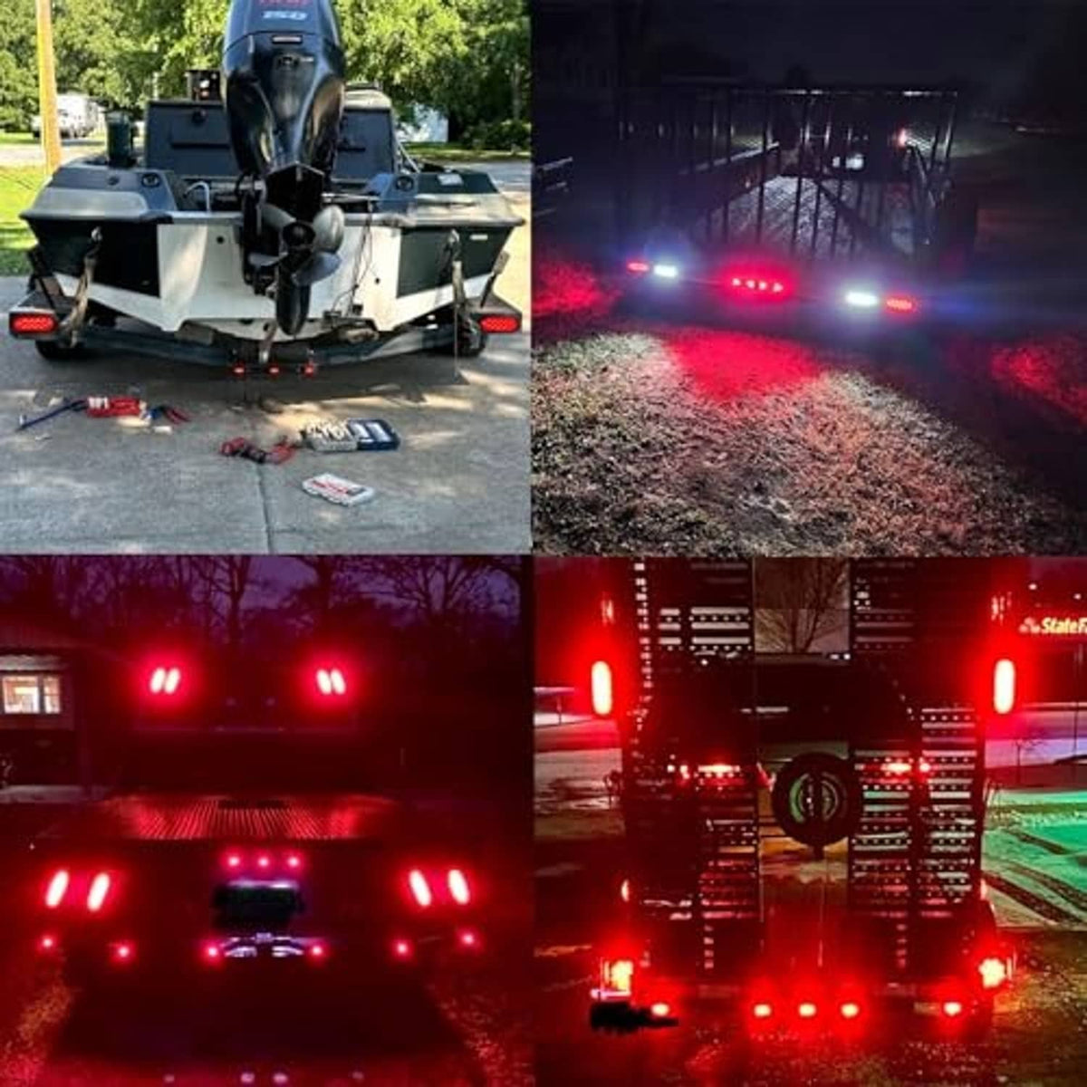 Multiple red LED trailer tail lights glowing on a trailer, oval clear-lens design
