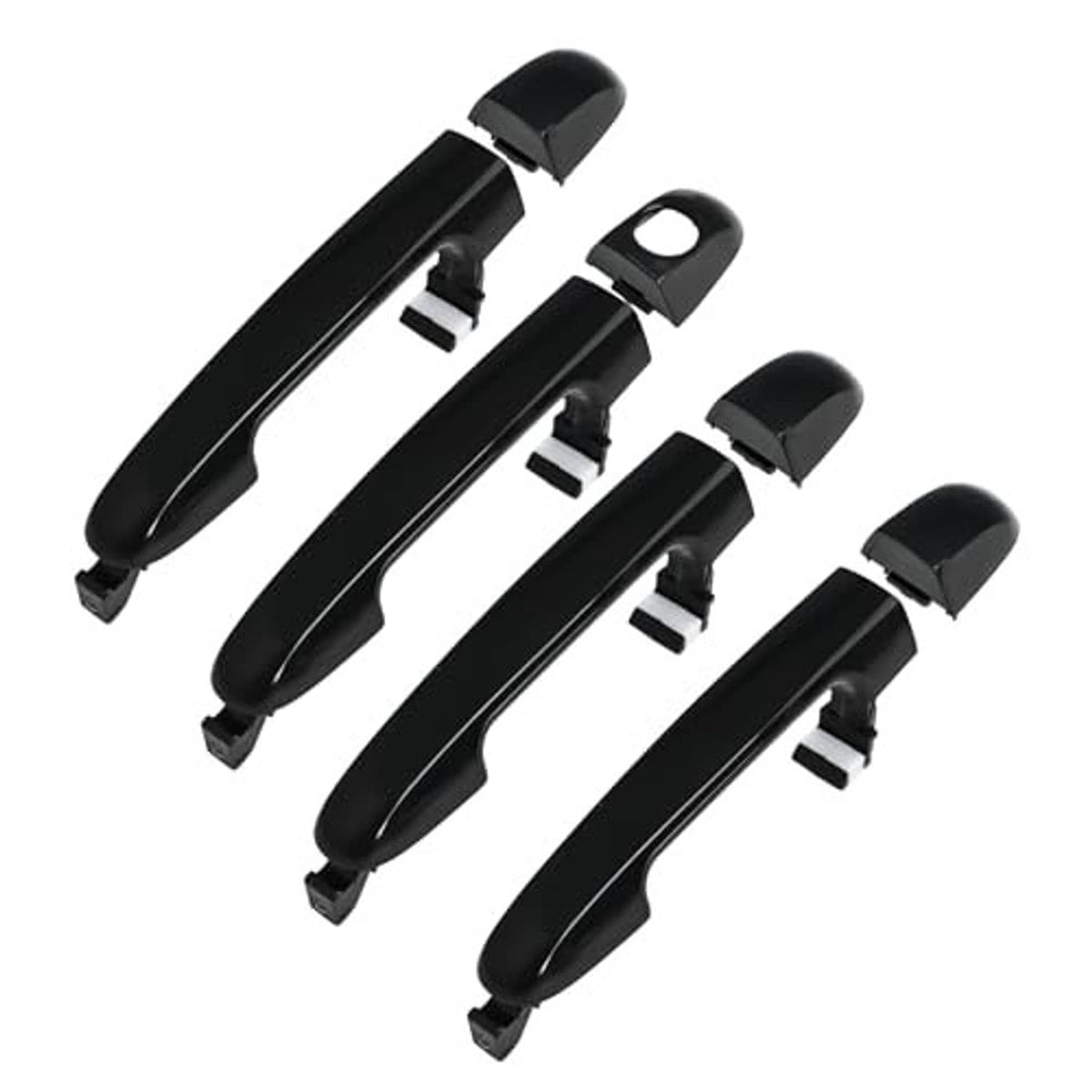Set of black exterior door handles, angled view with clip attachments