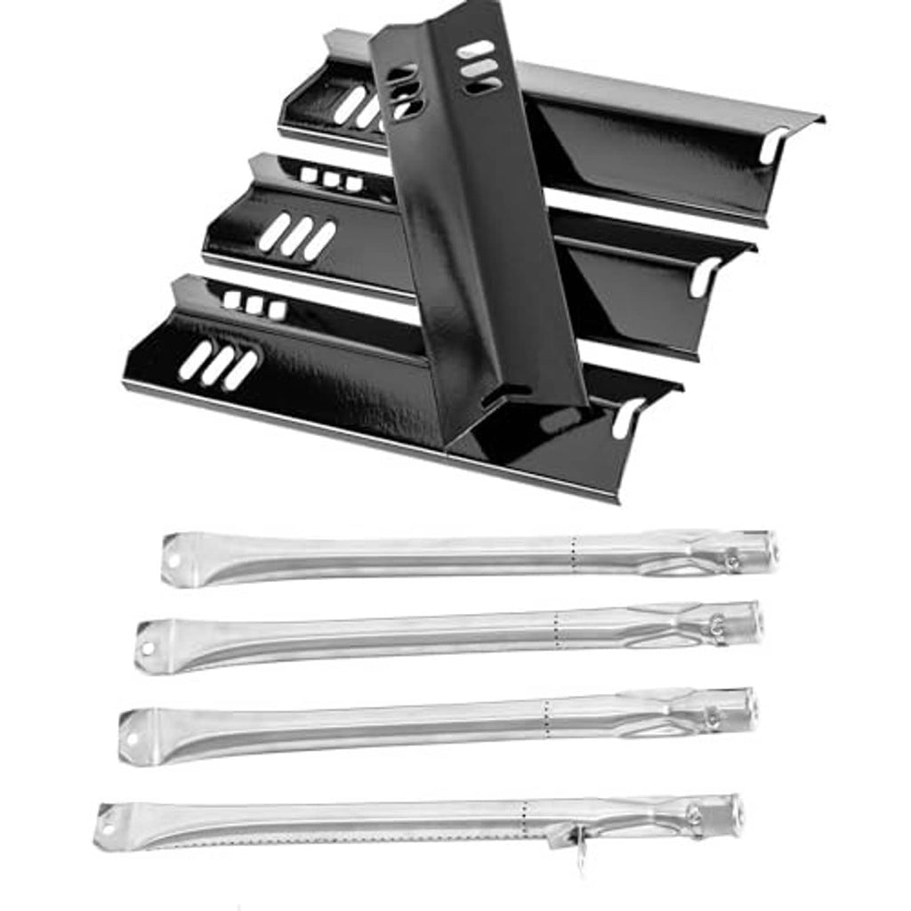 Three black burner heat shields with vent slots and four stainless ignition tubes