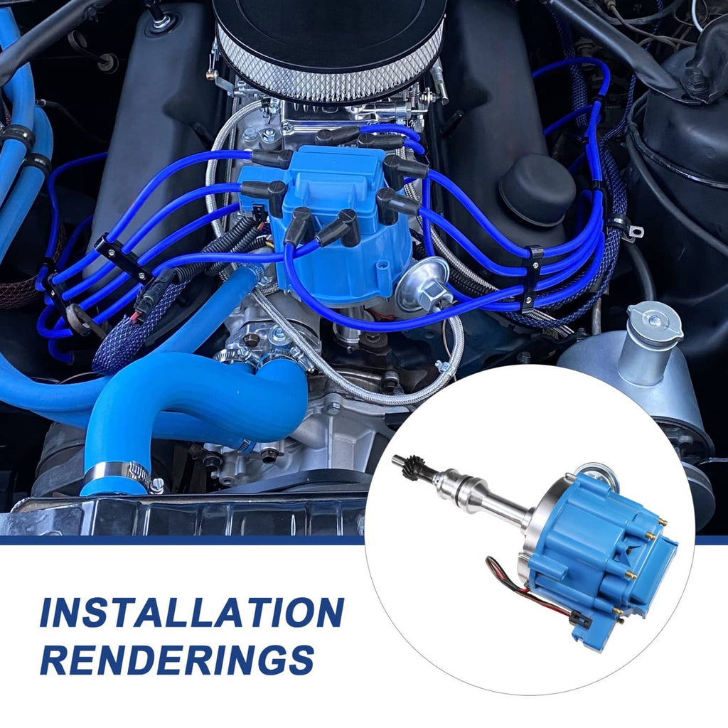 Blue HEI ignition distributor module installed in engine bay with wiring harness