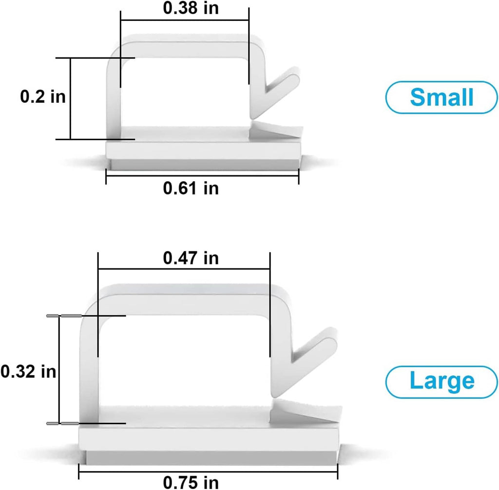 Small and large black adhesive cable clip sizes shown with dimension lines
