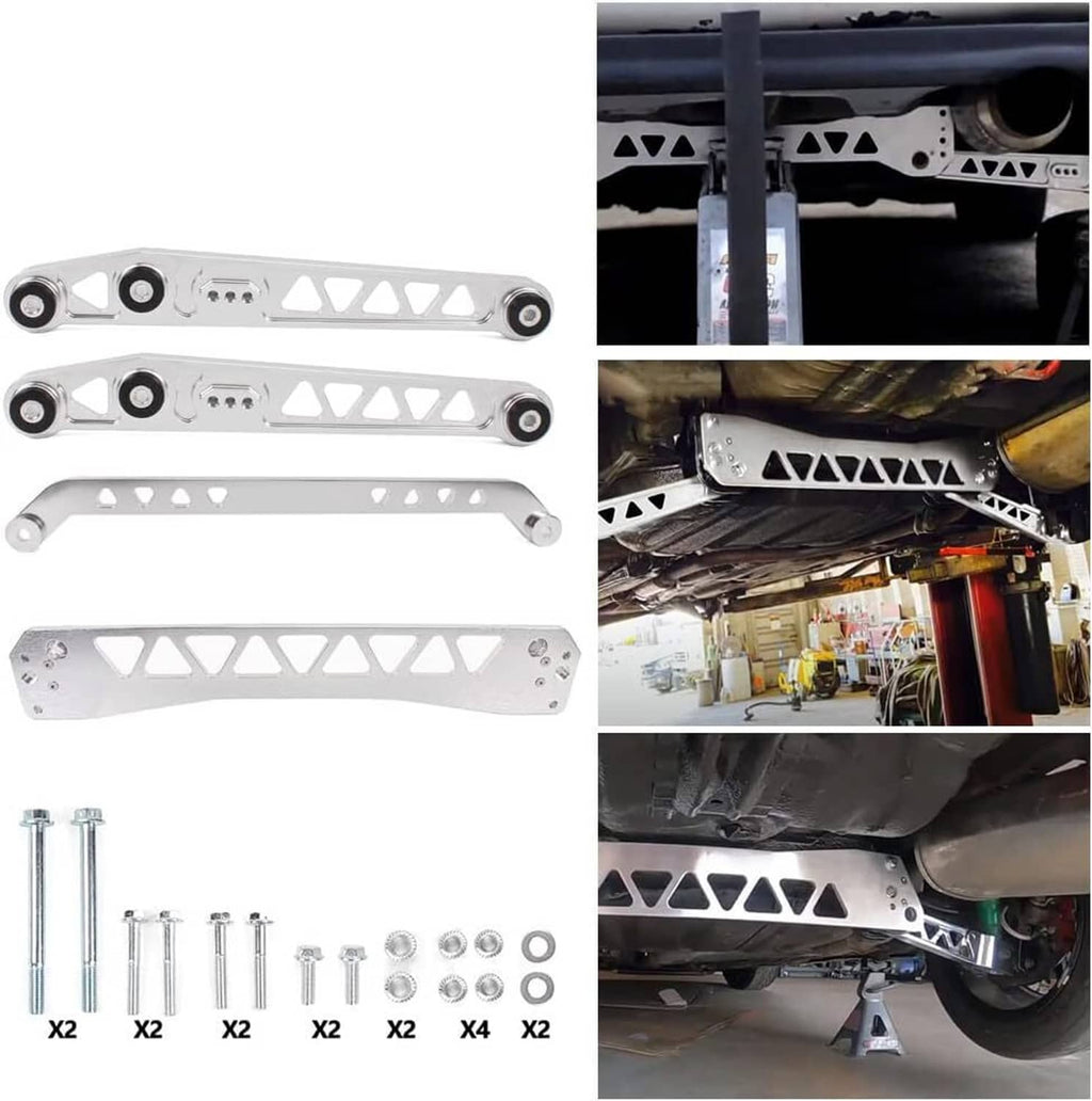 Rear subframe brace tie bar collage: silver parts, hardware, and undercar installation