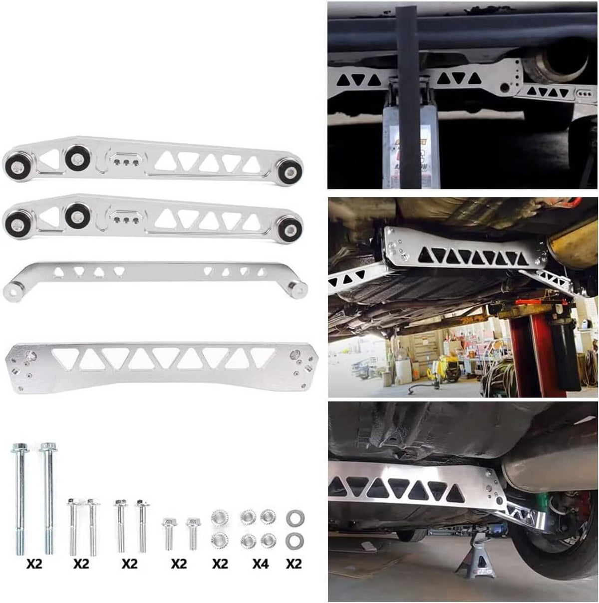 Rear subframe brace tie bar collage: silver parts, hardware, and undercar installation