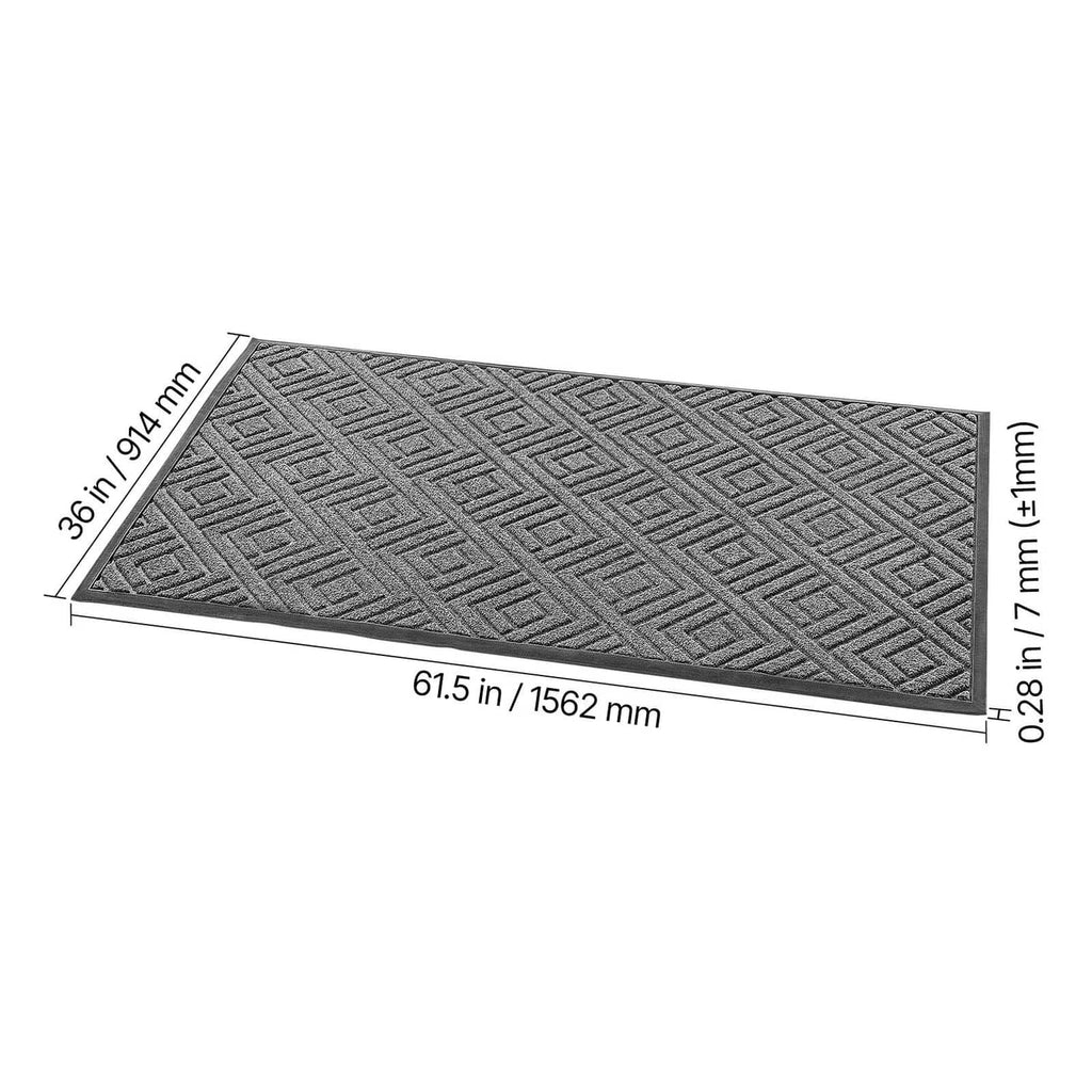 Grey rectangular door mat corner view, 61.5 x 36 in size, 0.28 in thickness.