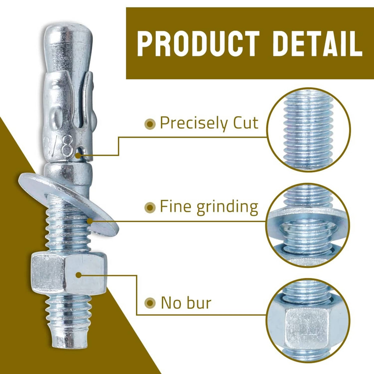 Silver wedge anchor with detailed threads and expandable wedge collar