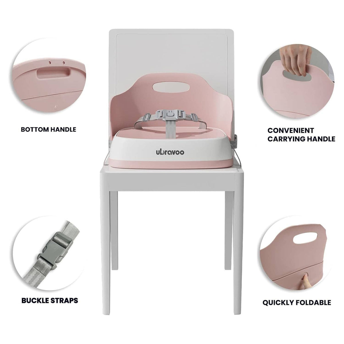 Pink booster seat with gray harness straps, foldable base, and carry handles