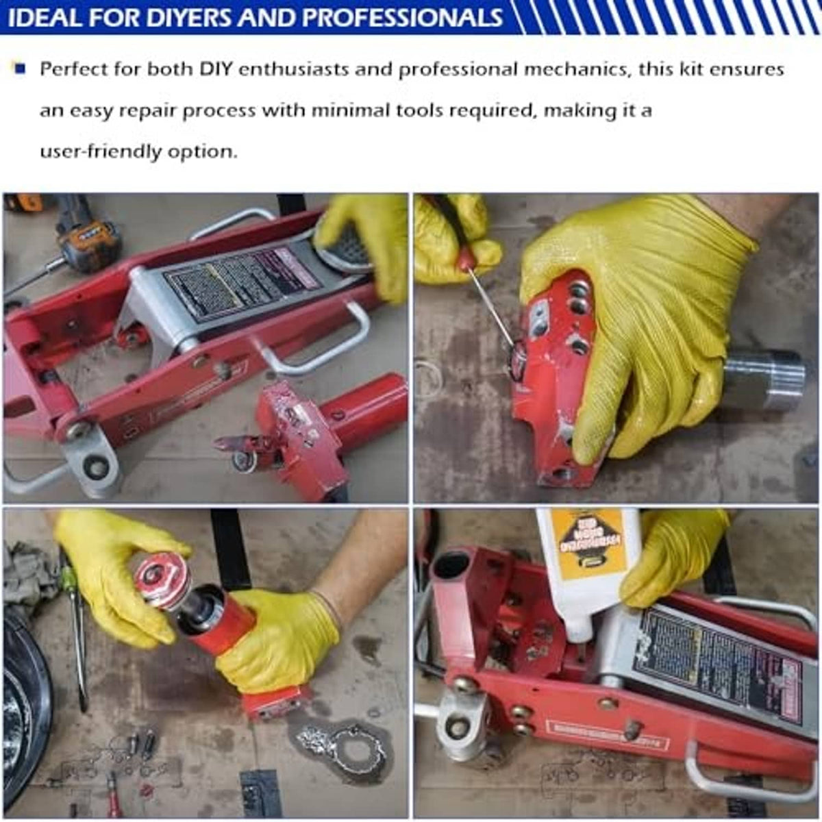 Hydraulic floor jack repair kit seals installed on a floor jack piston assembly