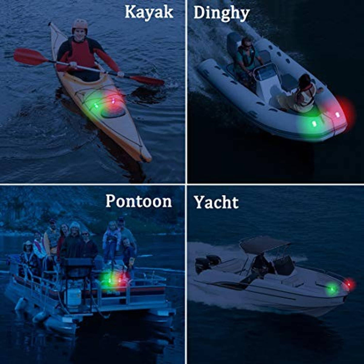 Green and red LED navigation lights on kayak, dinghy, pontoon, and yacht at night