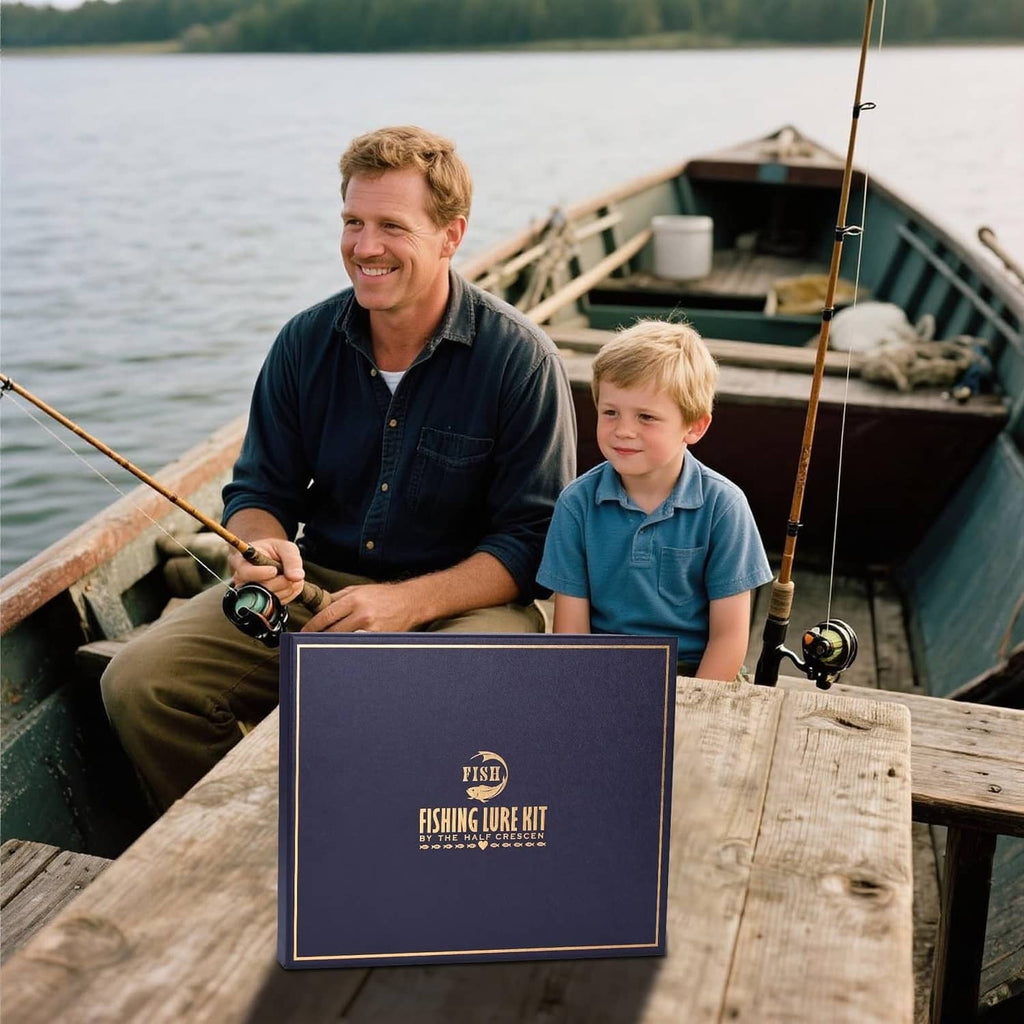 Fishing lures kit gift box on boat bench, navy box with gold logo