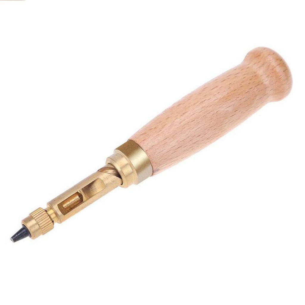 Leather screw punch tool with wooden handle and brass head with one black tip attached