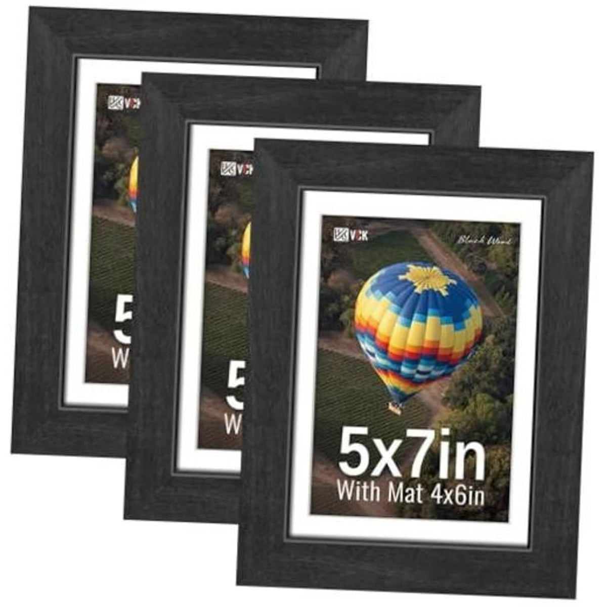 Black 5x7 wood picture frame set with white mat for 4x6 photos, front view