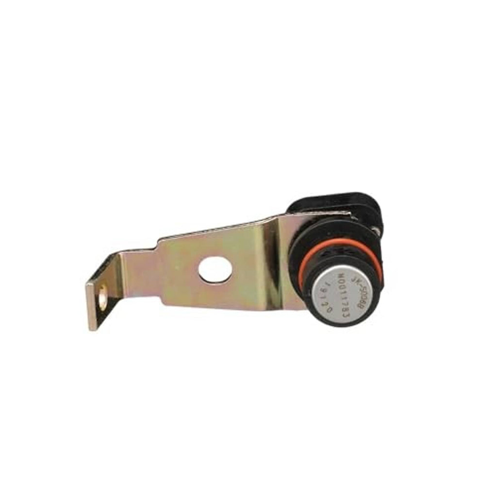 Crankshaft position sensor close-up of round sensor end with orange ring and metal bracket
