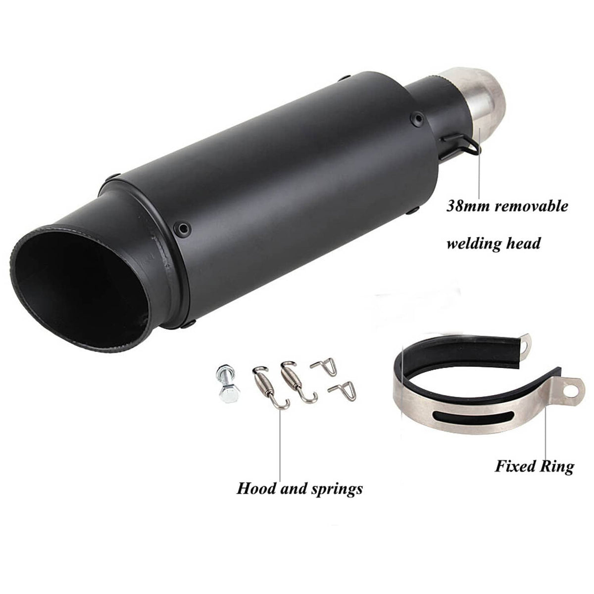 Black exhaust muffler with stainless end cap, hood and springs, and fixed ring.