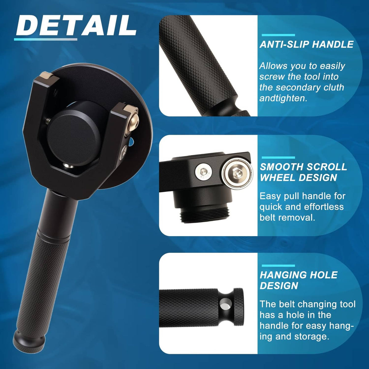 Black belt changing tool with smooth wheel handle, anti-slip grip, and hanging hole