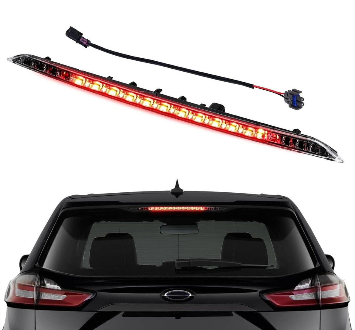 Center LED third brake light assembly with red LED strip and wiring harness