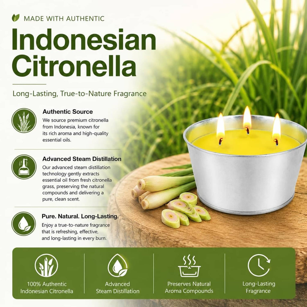 Large citronella candle in silver tin with yellow wax and three lit wicks