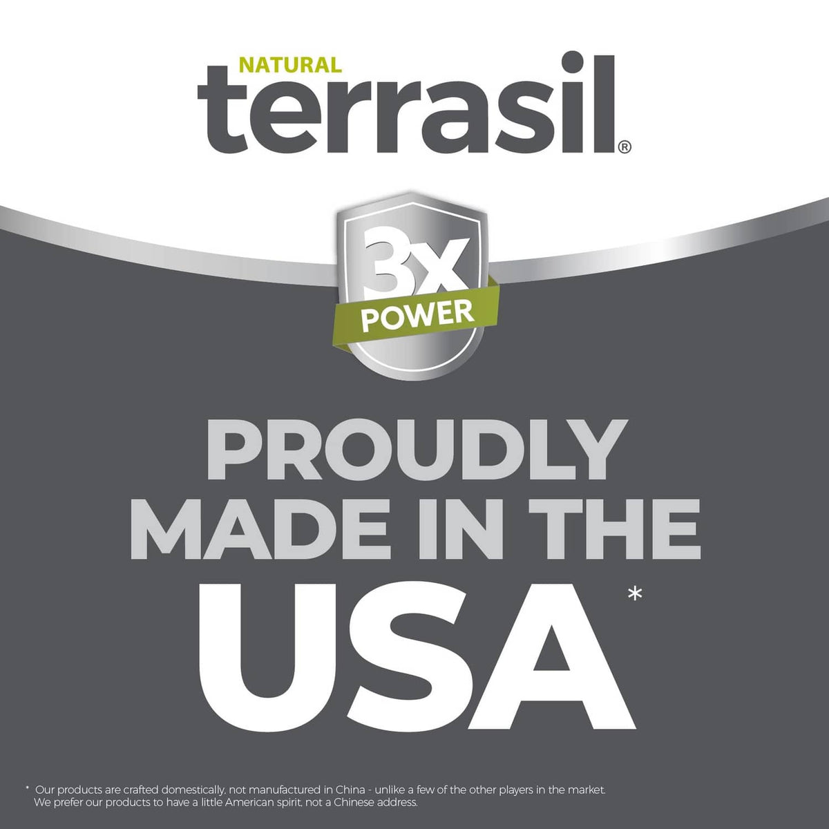 Terrasil 3X Power badge and 'Proudly made in the USA' claim graphic.