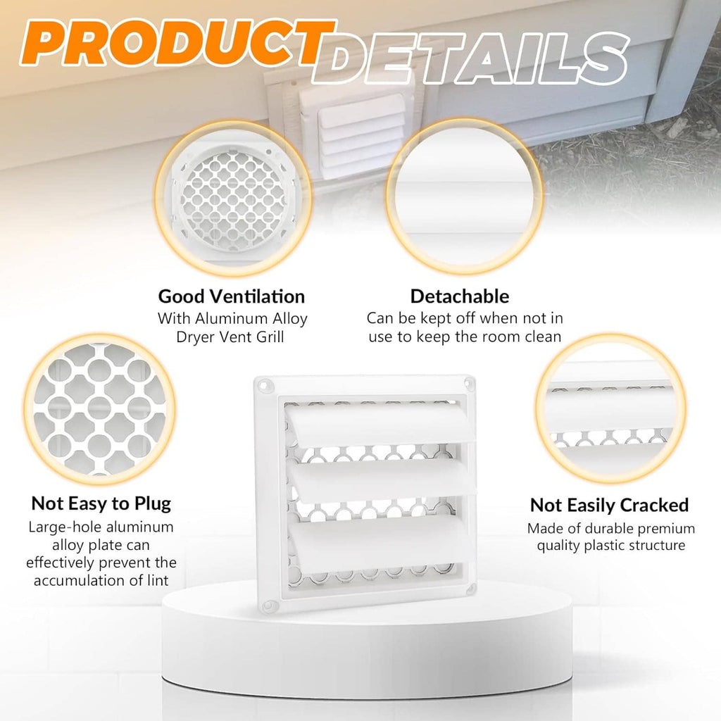 White dryer vent cover with detachable aluminum alloy vent grill insert