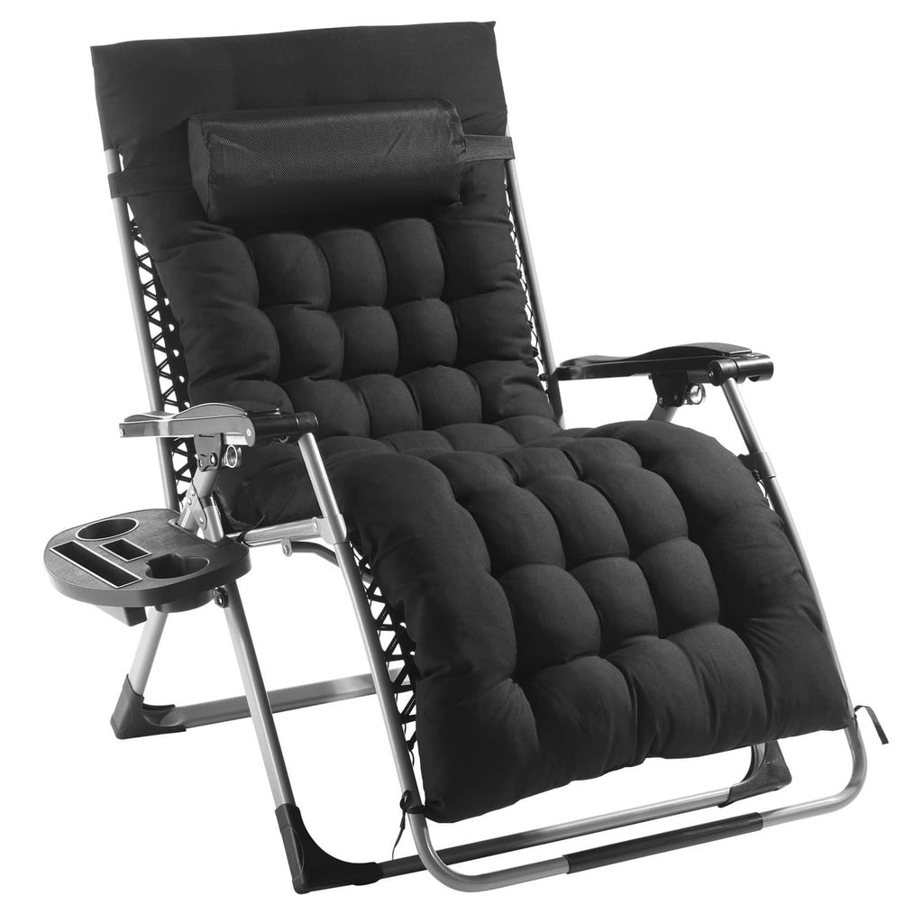 Black padded zero-gravity recliner with side cup tray and supportive armrests.