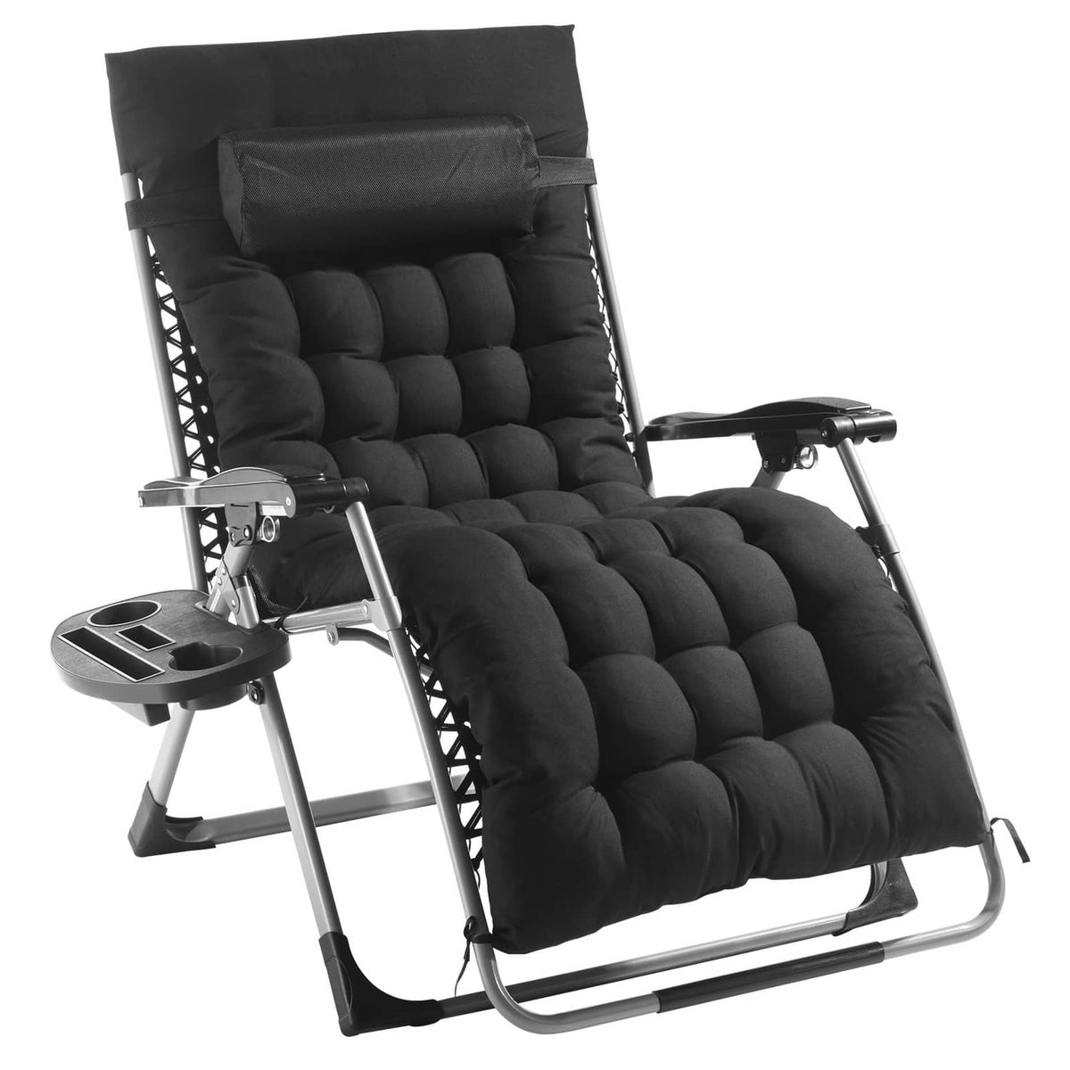 Black padded zero-gravity recliner with side cup tray and supportive armrests.