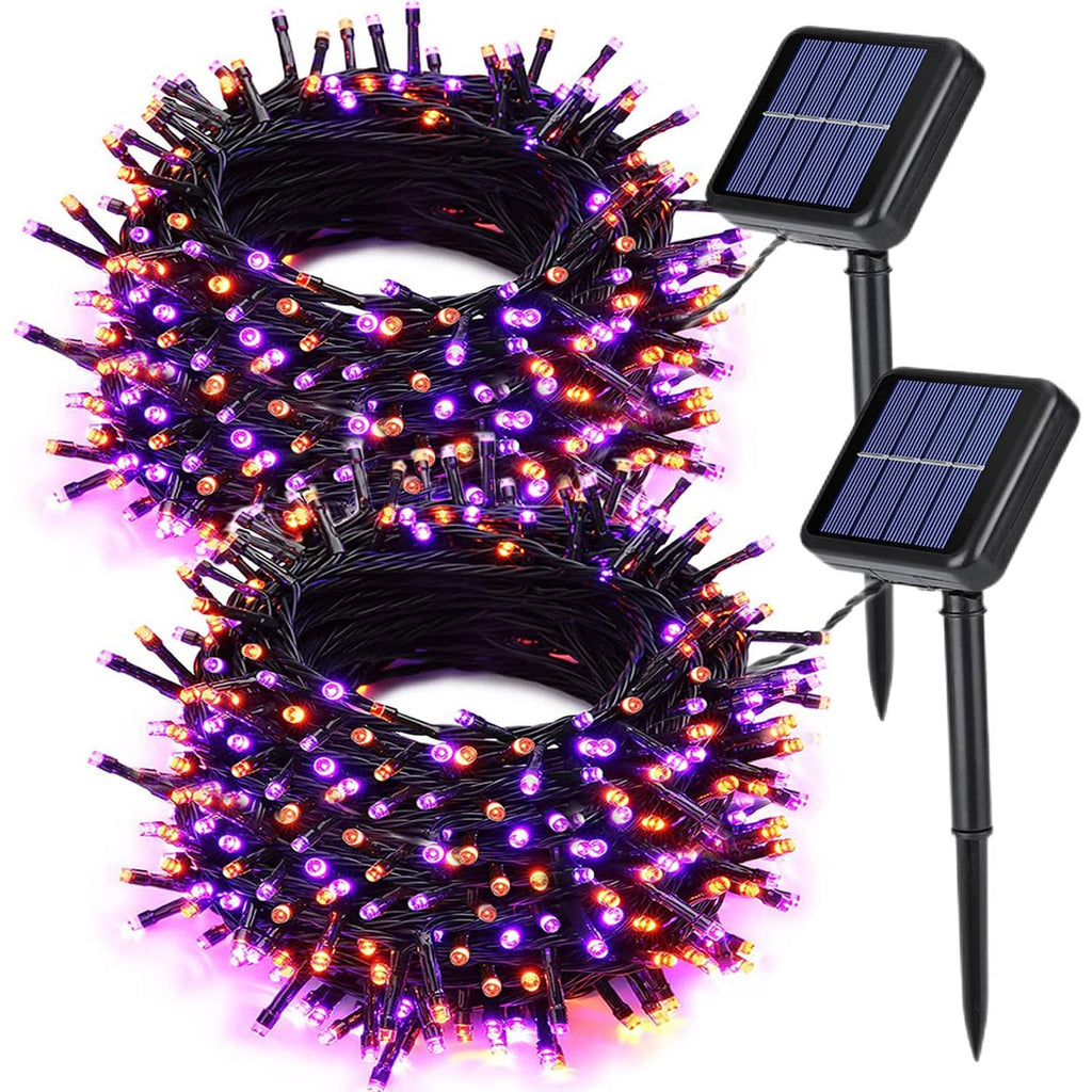 Halloween solar string lights with purple and orange LED bulbs, black wire, 2 solar panels