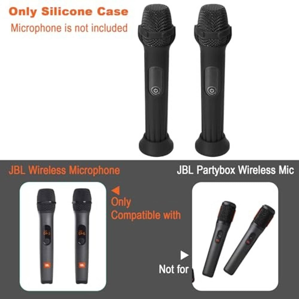 Two black silicone microphone cases with textured grille heads and power buttons
