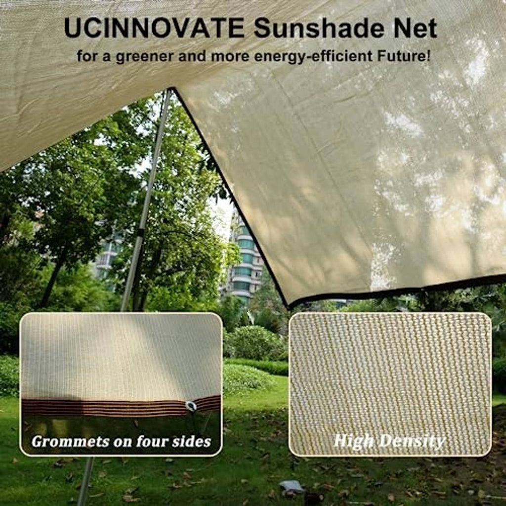 Beige outdoor sunshade net canopy with corner grommet and hanging ropes