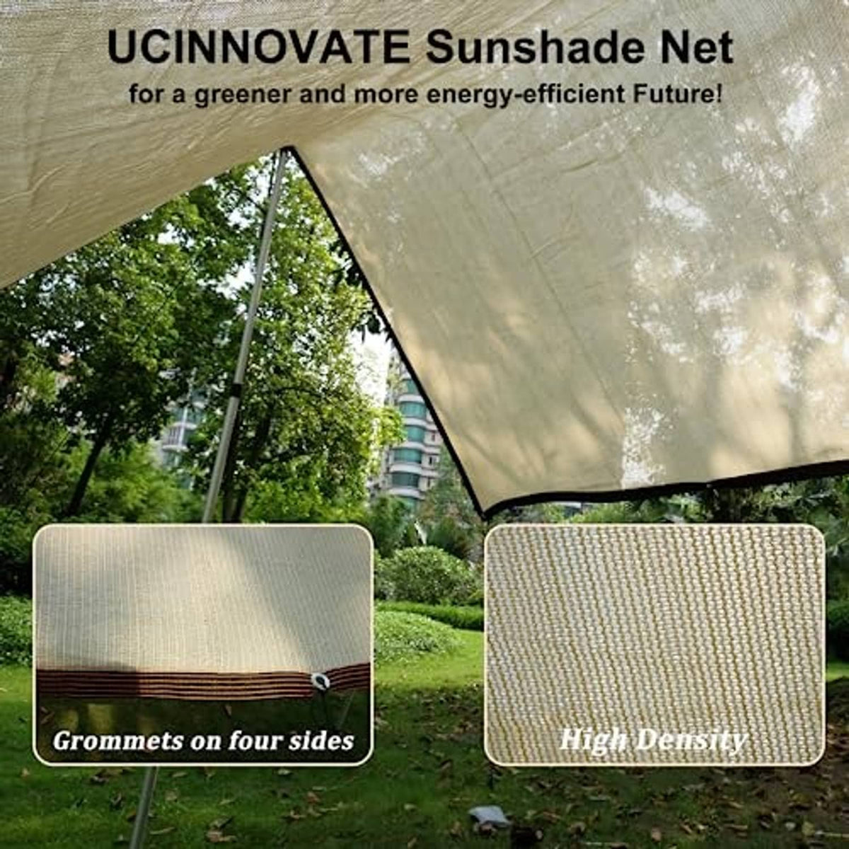 Beige outdoor sunshade net canopy with corner grommet and hanging ropes