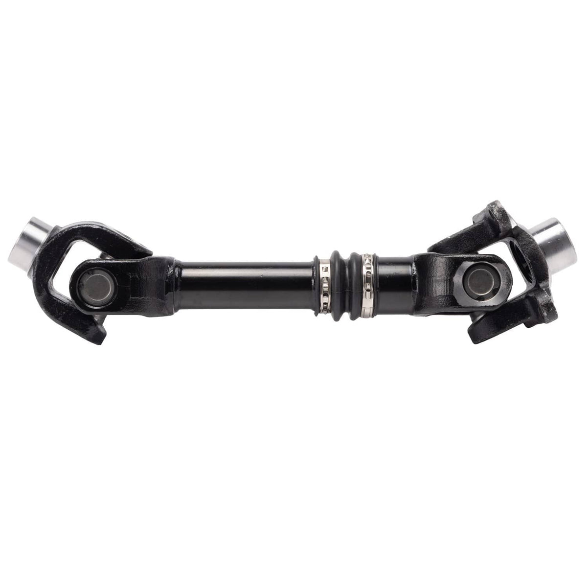 Rear propeller drive shaft with U-joint yokes and black boot, straight view