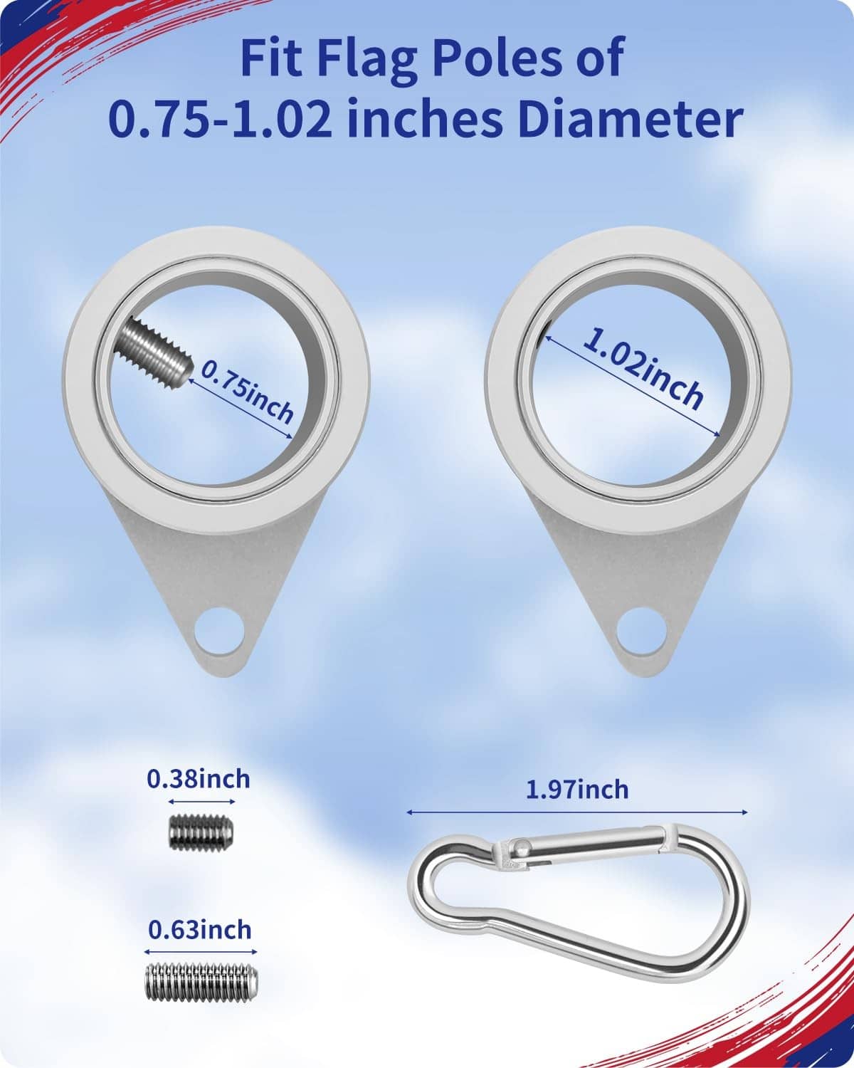 Pair of silver flag pole rings for 0.75–1.02 inch poles, with mounting screws