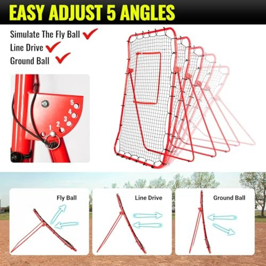 Baseball pitching net with adjustable angles, red frame, and white grid mesh