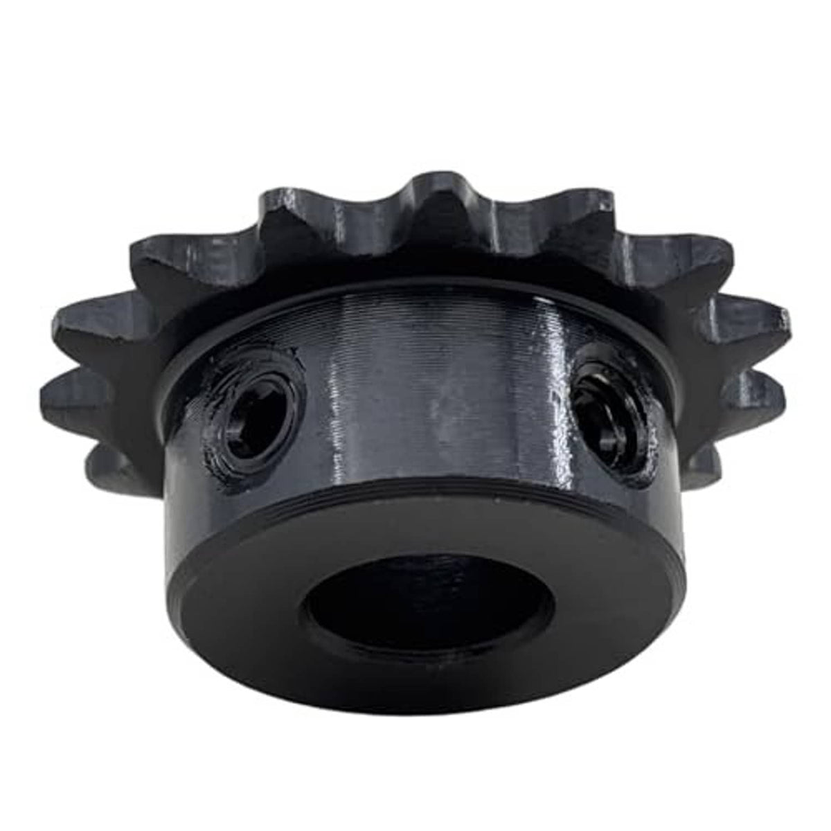 Black roller chain sprocket close-up with 10mm bore and two mounting holes