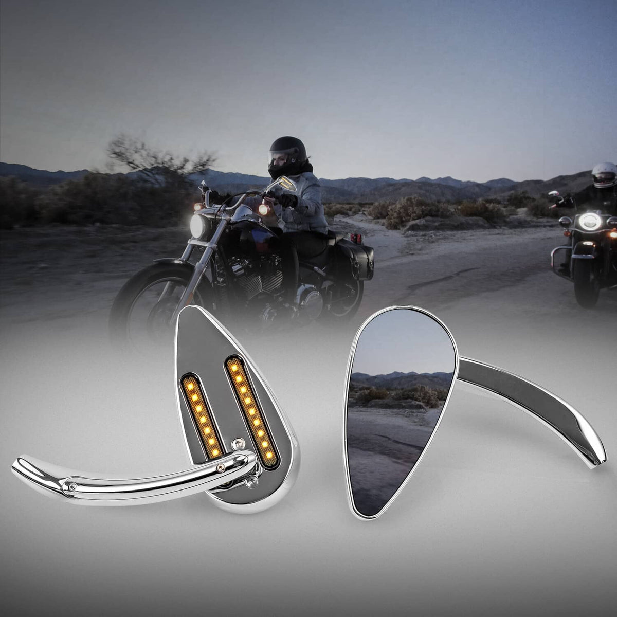 Motorcycle side mirrors with amber LED turn signals on chrome stems