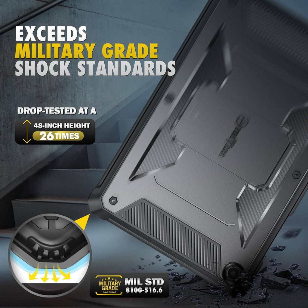 Armored rugged tablet case with reinforced corners and textured grip, dark gray/black