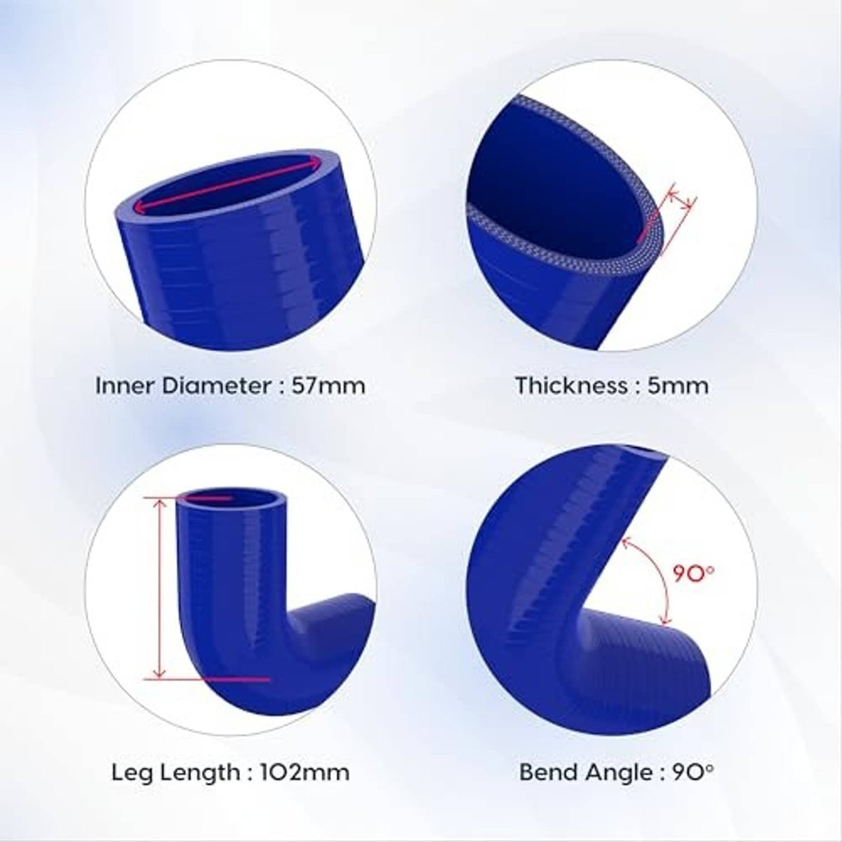 Blue 90-degree elbow coupler: 57mm ID, 5mm thickness, 102mm leg, 90° bend