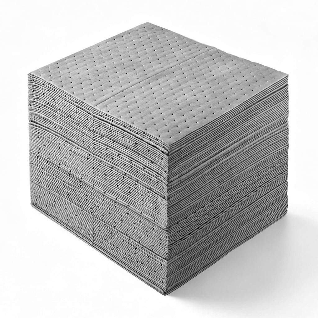 Oil and water absorbent pads, stacked gray squares with perforated dot texture