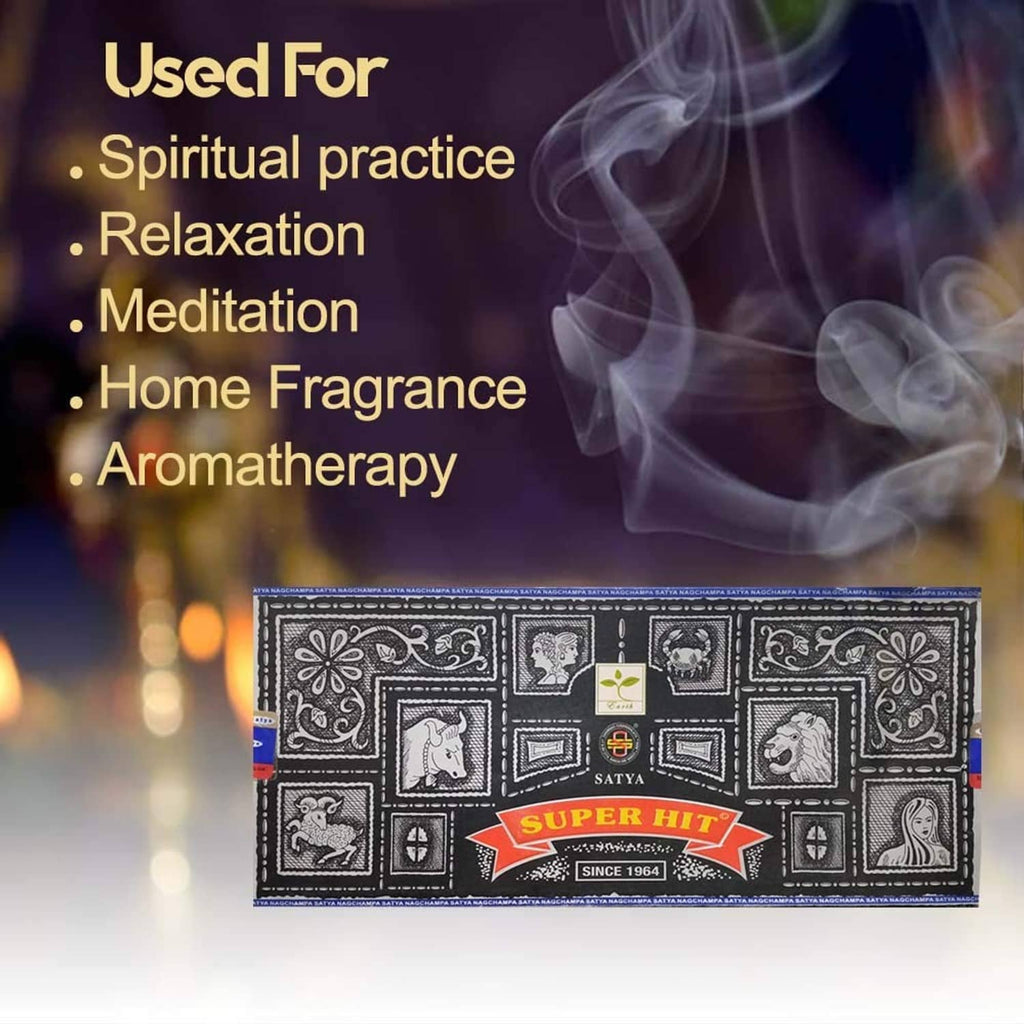 Satya Super Hit incense box in dark patterned packaging