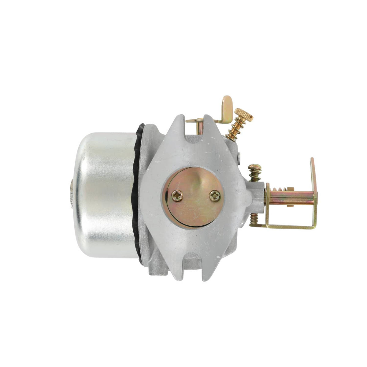 Carburetor body with silver housing, round diaphragm cover, and brass linkages