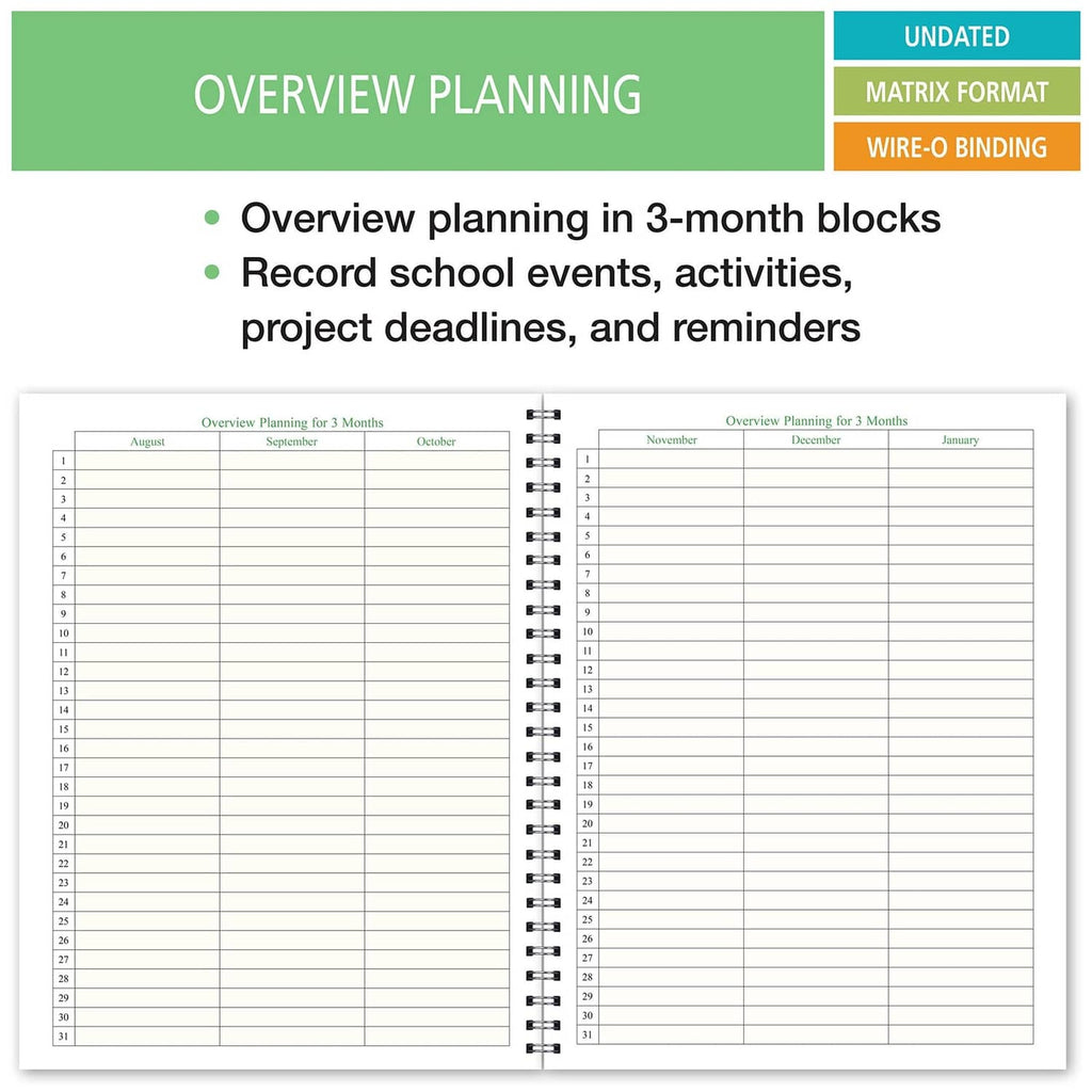 Student organizer planner spread with 3-month overview planning blocks and wire-o binding