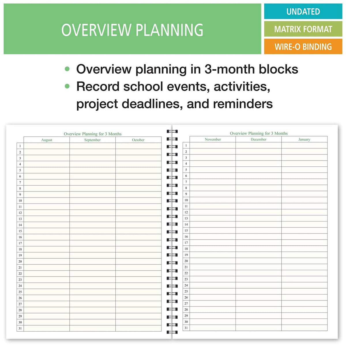 Student organizer planner spread with 3-month overview planning blocks and wire-o binding
