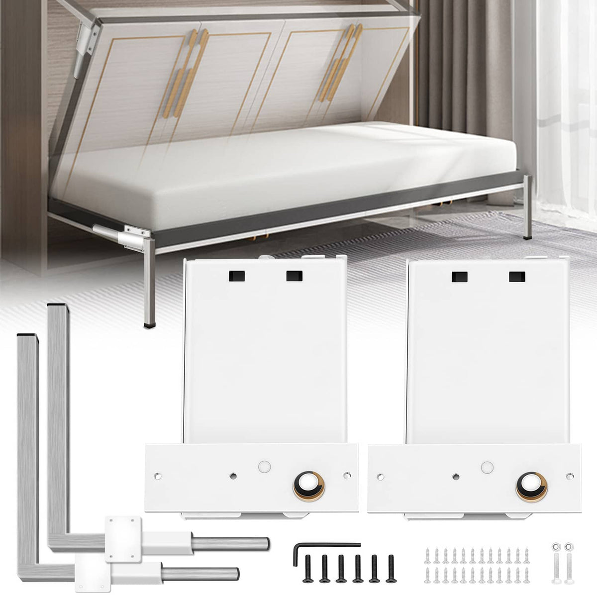 Murphy wall bed spring mechanism kit with two white spring plates and metal support legs