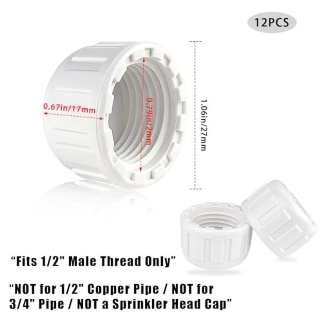 White PVC sprinkler end cap with female threaded opening, size and depth view